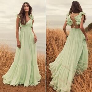 NEW Mac Duggal Mint Green Ruffle Tiered Cut-Out Chiffon Gown Dress 2 Style 67911